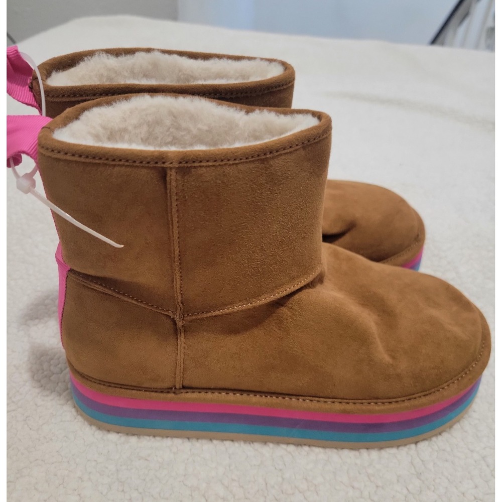 Steve Madden Kid JToasty Stripe Platform Faux Fur Lined Ankle Bootie Brown US 3